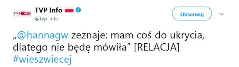 Pracownik TVP Info napisał na Twitterze nieprawdziwy komunikat. Słowa Patryka Jakiego (PiS) włożył w usta Hanny Gronkiewicz-Waltz (PO).