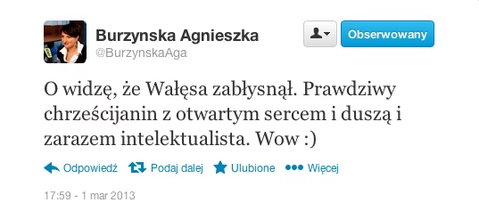 Agnieszka Burzyńska zarzuca Lechowi Wałęsie odejście od ideałów chrześcijaństwa.