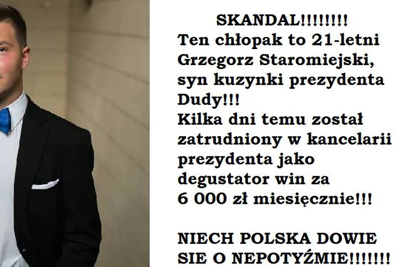 Zdjęcie rzekomego Grzegorza Staromiejskiego, który miał zostać koneserem win u prezydenta podbijało media społecznościowe. Chłopak na pewno miał z tego tytułu problemy