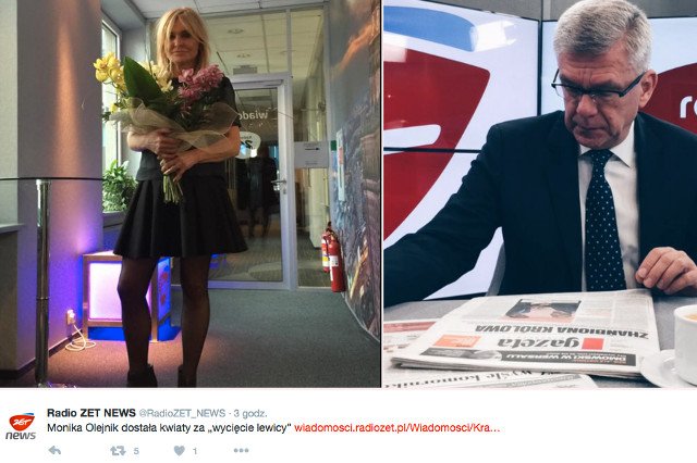 Senator Stanisław Karczewski sprezentował Monice Olejnik bukiet kwiatów