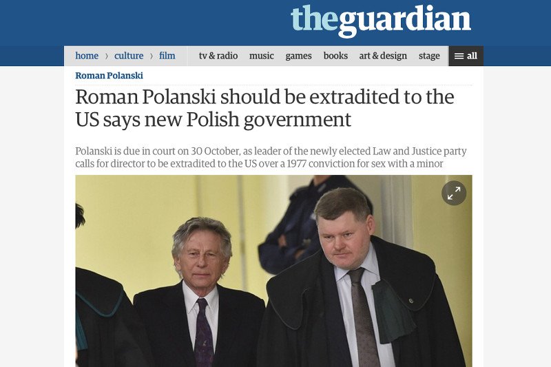 Brytyjski dziennik mówi, że nowy Polski rząd chce doprowadzić do ekstradycji Romana Polańskiego do USA. Miałby tam odpowiedzieć za seks z 13-latką.