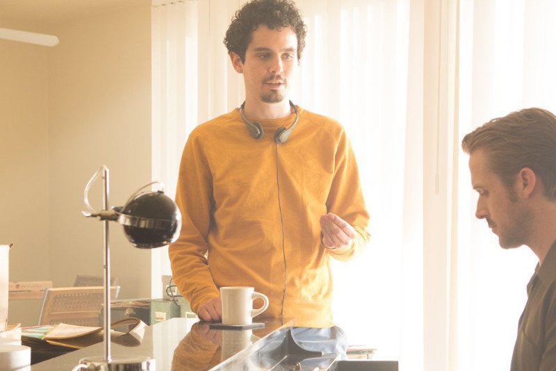 Damien Chazelle i Ryan Gosling na planie "La La Land".