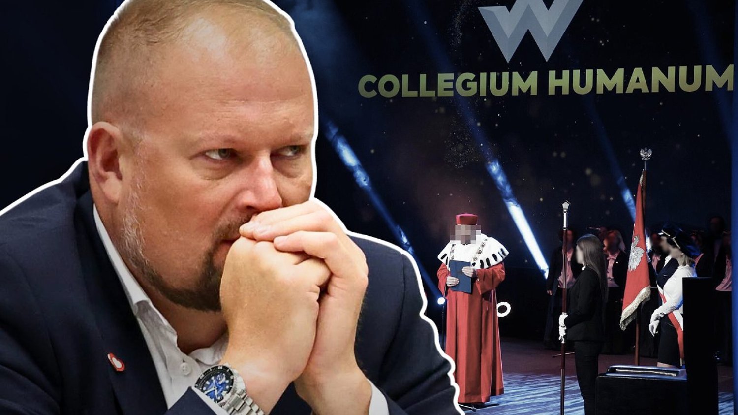 Witold Zembaczyński też ma dyplom uzyskany w Collegium Humanum Na zdjęciu poseł KO Witold Zembaczyński. W tle zdjęcie z uczelni Collegium Humanum.