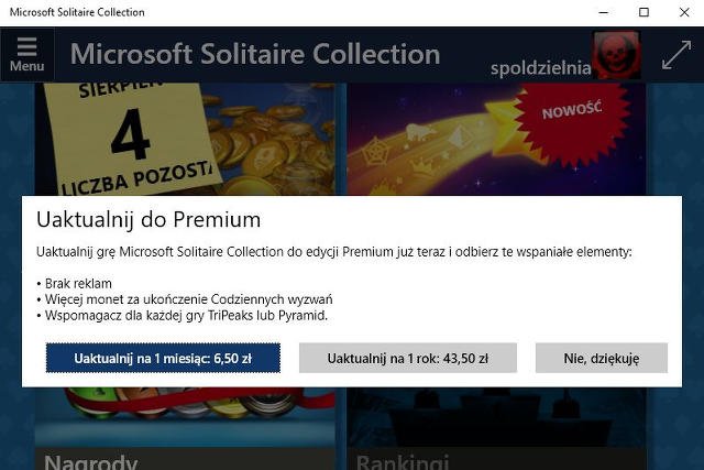 W Windowsie 10, wersja Pasjansa bez reklam będzie płatna
