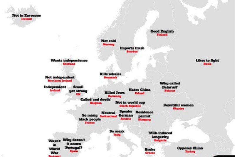 Mapa europejskich stereotypów według Brytyjczyków.