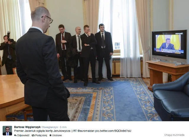 Konferencji przysłuchiwał się nieuznawany przez Janukowycza nowy premier Ukrainy Arsenij Jaceniuk