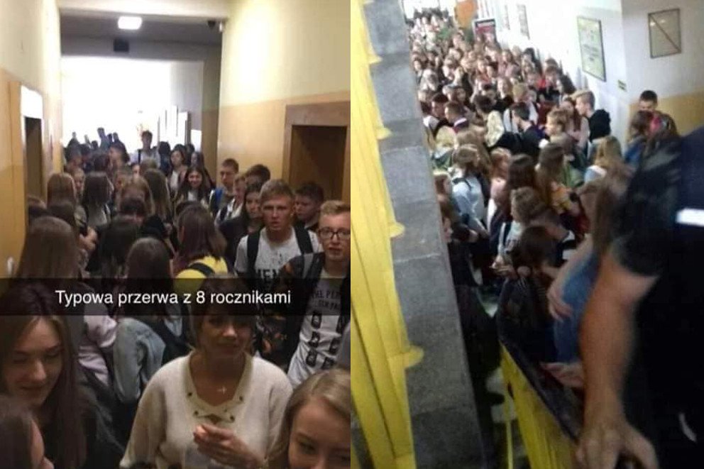 Kolejki i tłumy na szkolnych korytarzach po reformie edukacji.