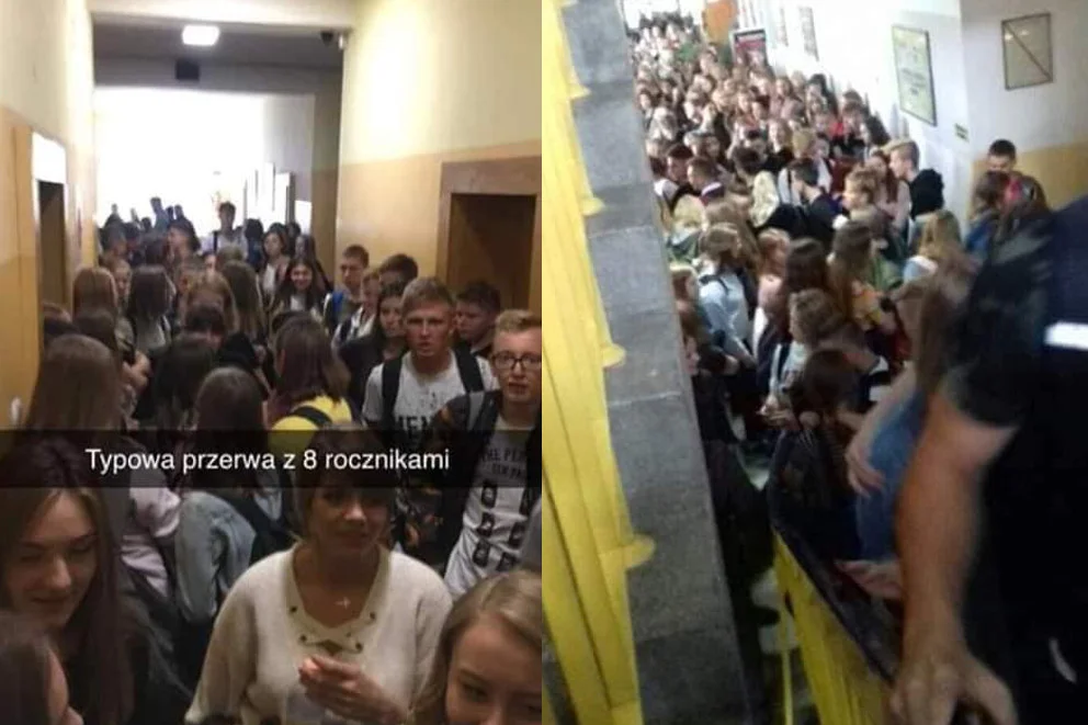 Kolejki i tłumy na szkolnych korytarzach po reformie edukacji.