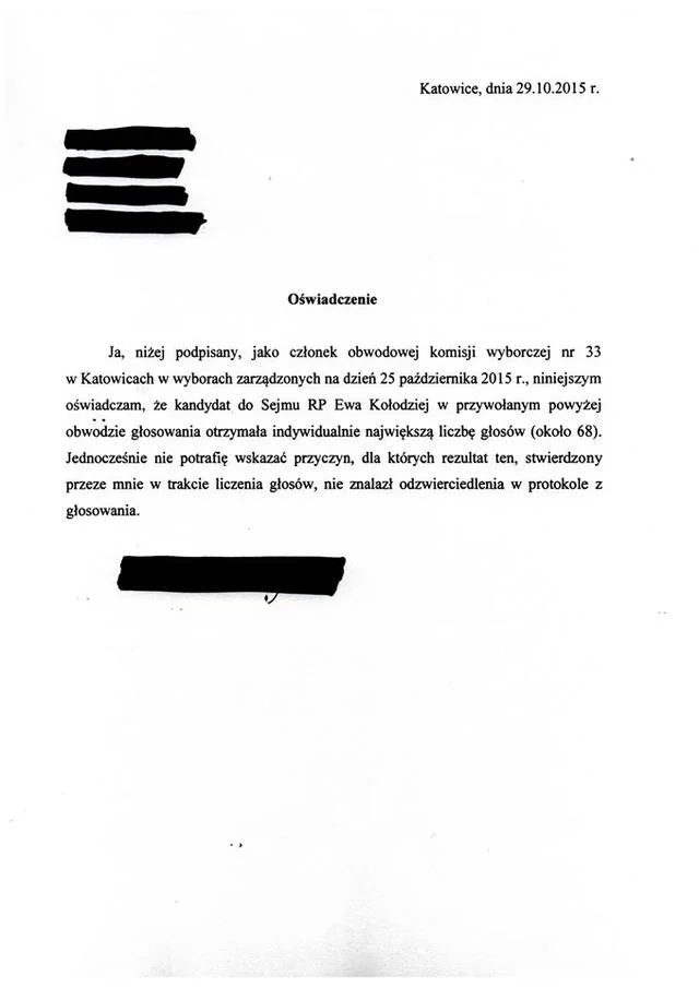 Oświadczenie członka Obwodowej Komisji Wyborczej nr 33 w Katowicach - jeden z załączników do złożonego dzisiaj protestu do Sądu Najwyższego