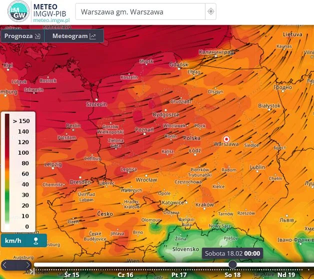 Prognozowane porywy wiatru
