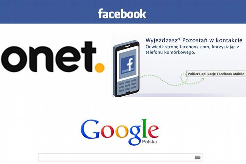 Logo Facebook, Onet i Google