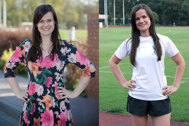 Po lewej: Maja Sieńkowska - przed biegową "terapią" (kwiecień 2014). Po prawej: Maja Sieńkowska - status pacjenta: fobia przed bieganiem pokonana (wrzesień 2015)