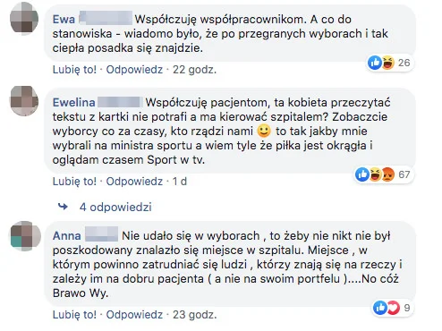 Komentarze łomżynian pod informacją o kierowniczym stanowisku dla byłej posłanki Bernadety Krynickiej.