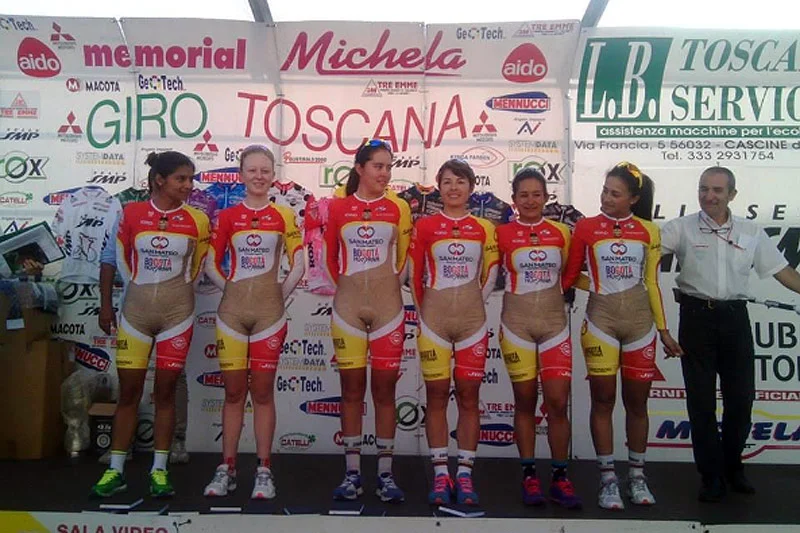 Kolarki grupy IDRD Bogotá Humana-Solgar-San Mateo w swoich "cielistych" strojach.