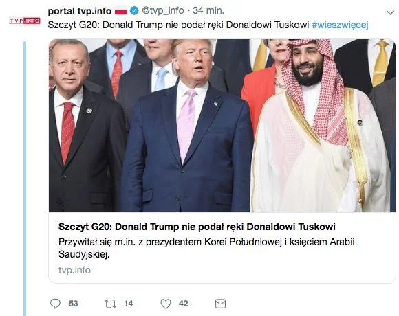 TVP Info twierdzi, że Donald Trump nie podał ręki Donaldowi Tuskowi.