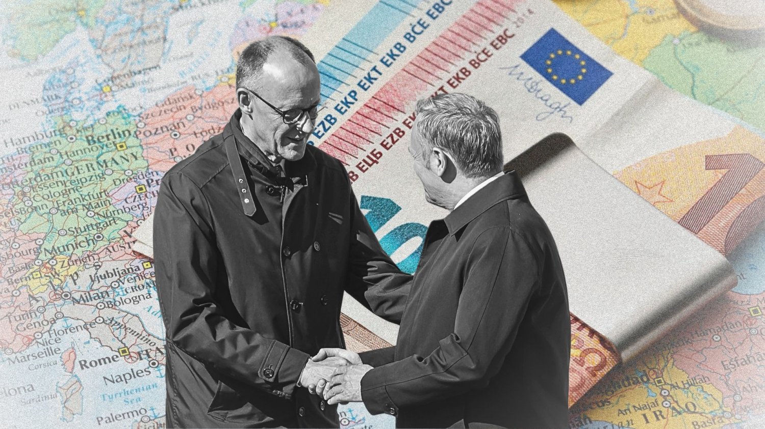 To Niemcy wciąż płacą najwięcej na utrzymanie Unii Europejskiej. Kanclerz Niemiec Friedrich Merz i premier Polski Donald Tusk na tle euro i środków europejskich
