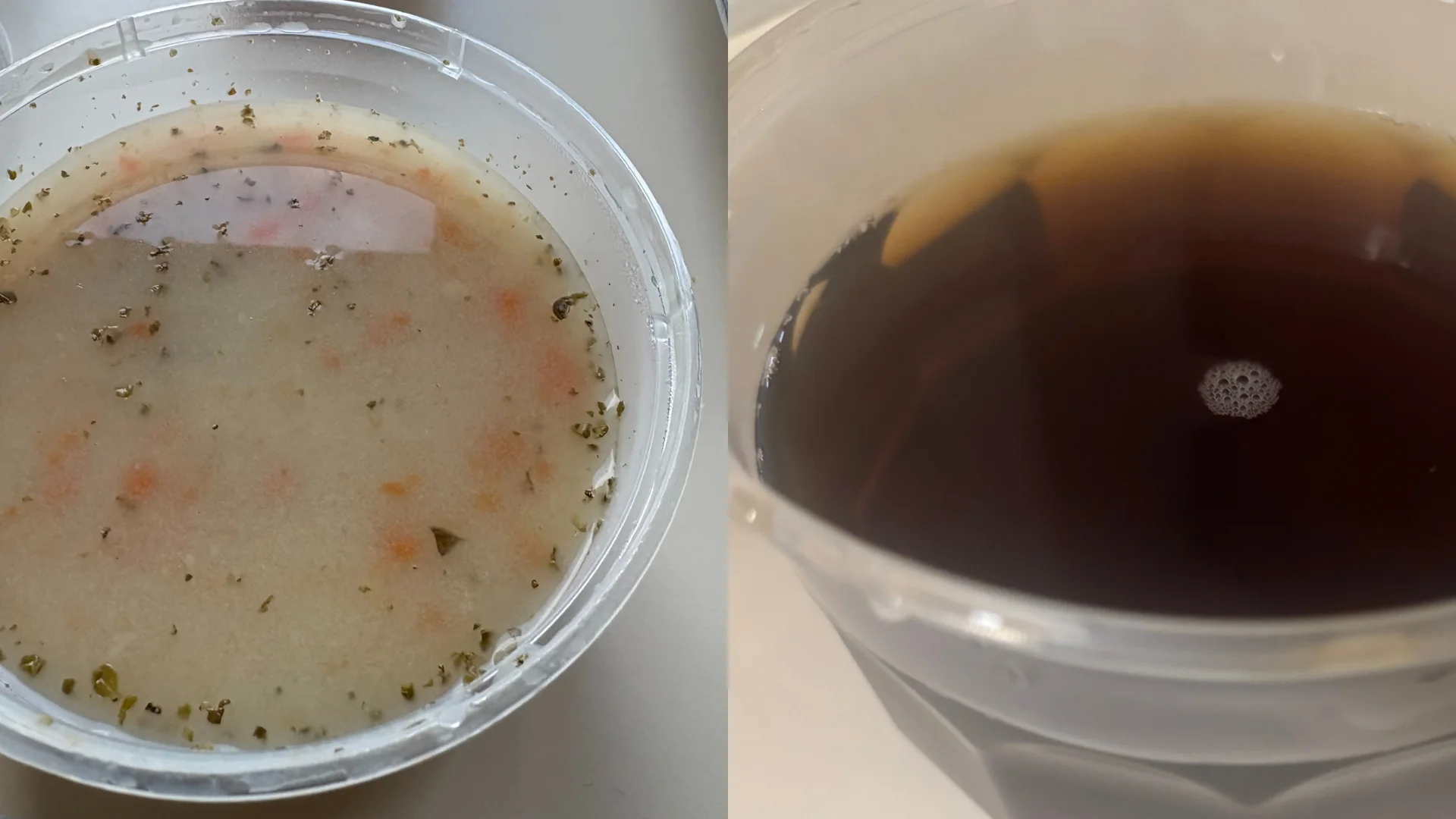 Zupa i herbata dla pacjentów w szpitalu (jedno i drugie podawne jest w miskach).