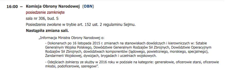Obrady komisji obrony przeniesiono do innej sali. Dziennikarze posiedzenia śledzić nie mogą.