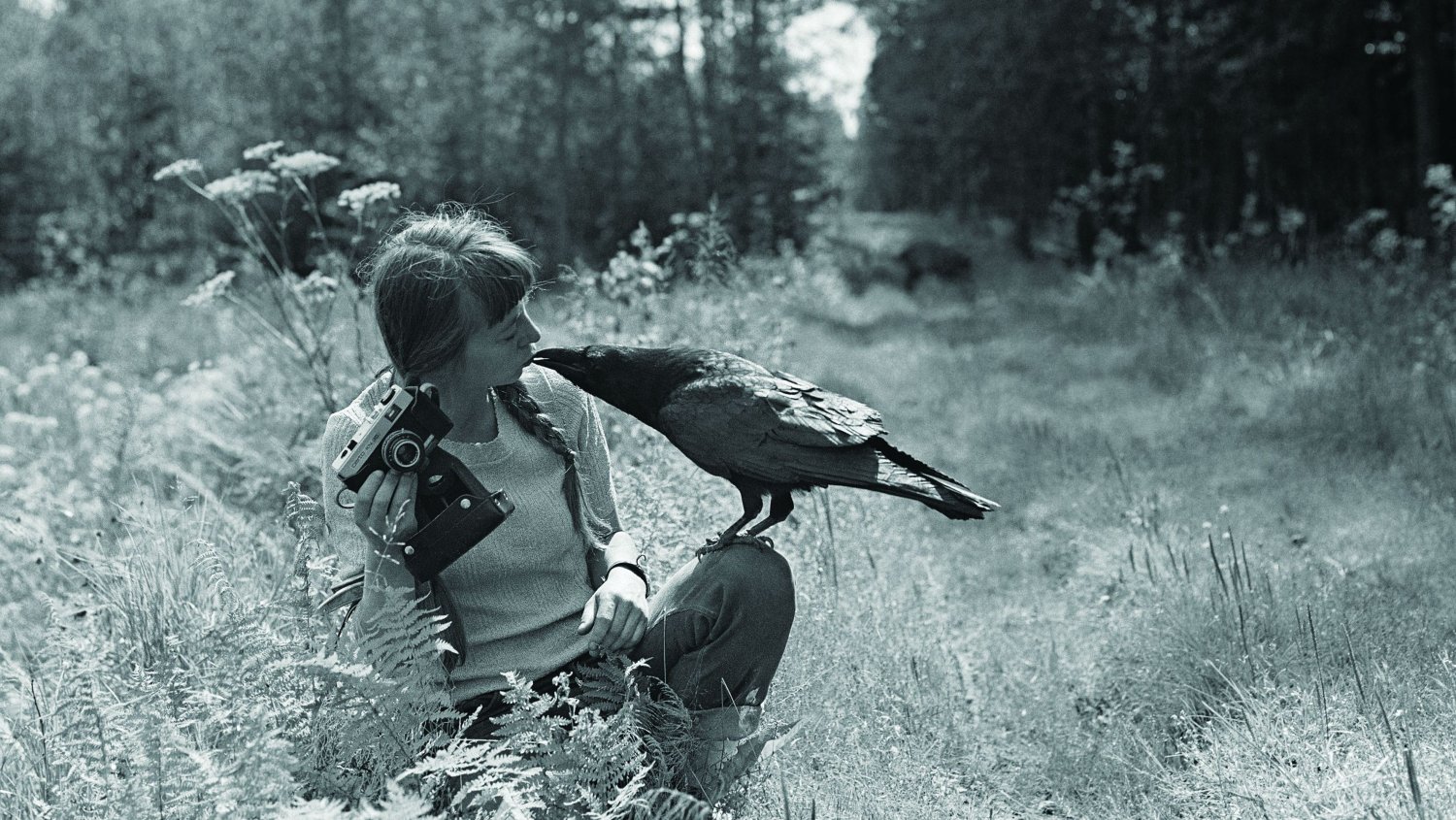 Simona ze swoim krukiem, który kradł złoto i atakował rowerzystów.