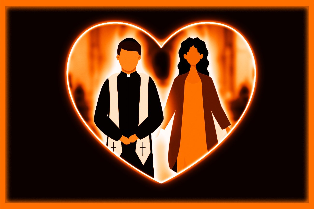 Na grafice ksiądz i kobieta trzymający się za ręce. Ich sylwetki znajdują się w kształcie serca.