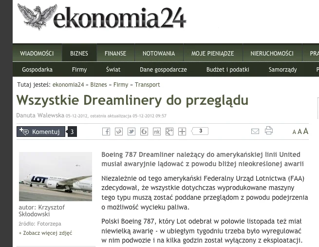To jeden z pierwszych problemów związanych z Dreamlinerami