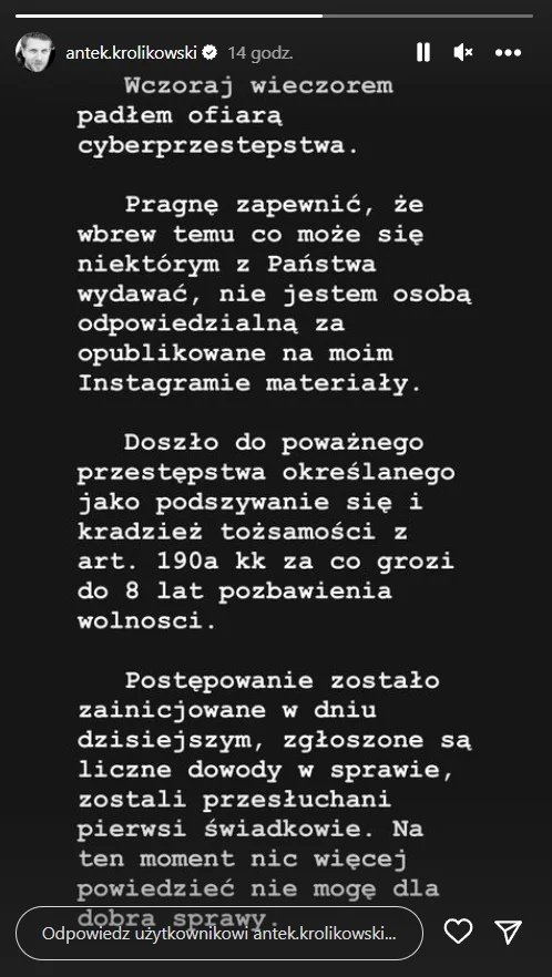 Nowa oświadczenie Antka Królikowskiego. "Padłem ofiarą cyberprzestępstwa"