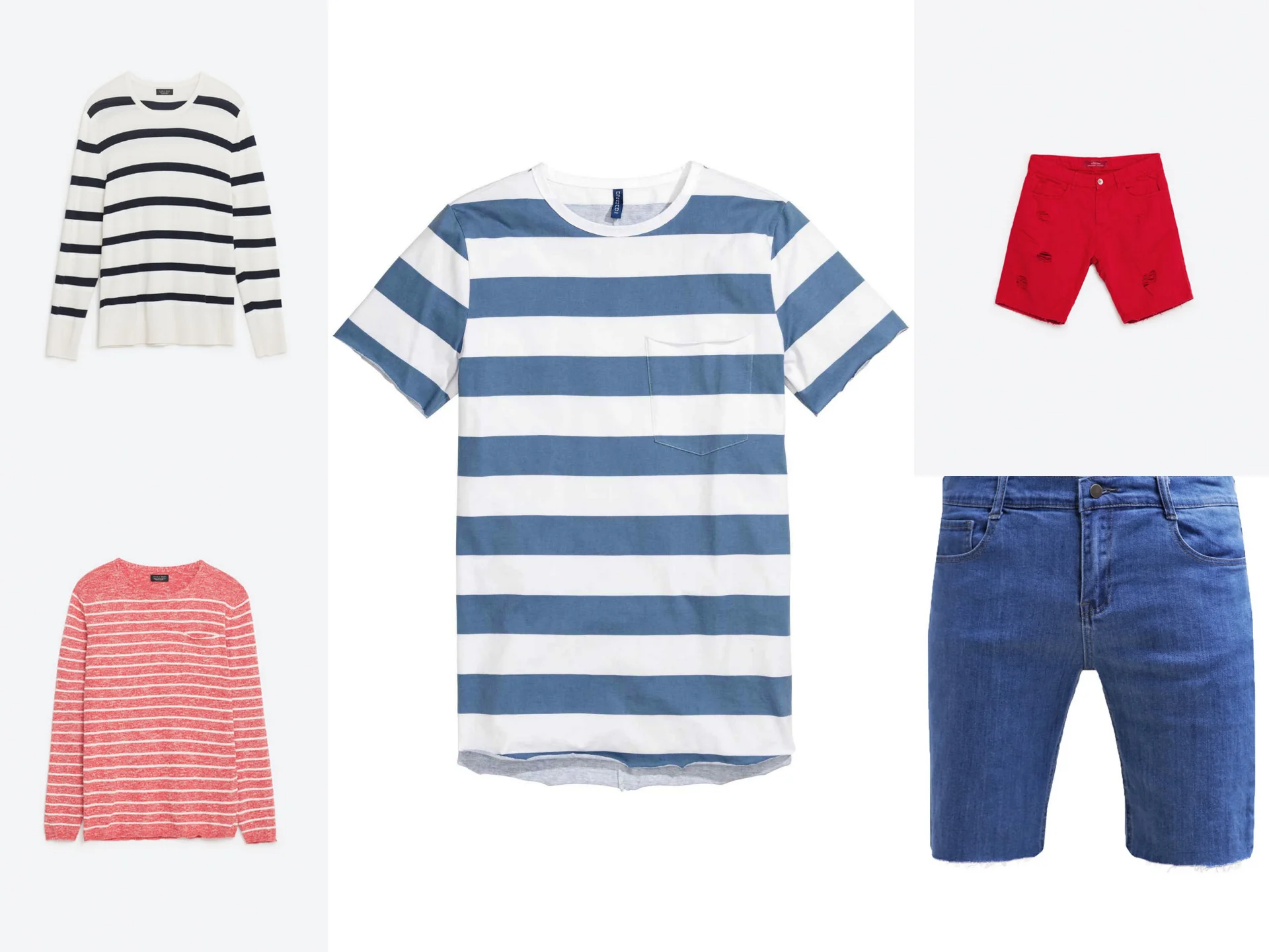 sweter w biało-czarne paski 99,90 ZARA, sweter w paski biało-czerwone 99,90 ZARA, koszulka w paski 39,90 H&M, jeansowe szorty Yout Turn 87,20, czerwone bermudy ZARA 99,90