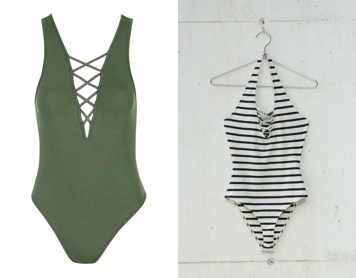 Zielone body - Top Shop, około 110 zł, pasiaste body - Bershka 49,90 zł