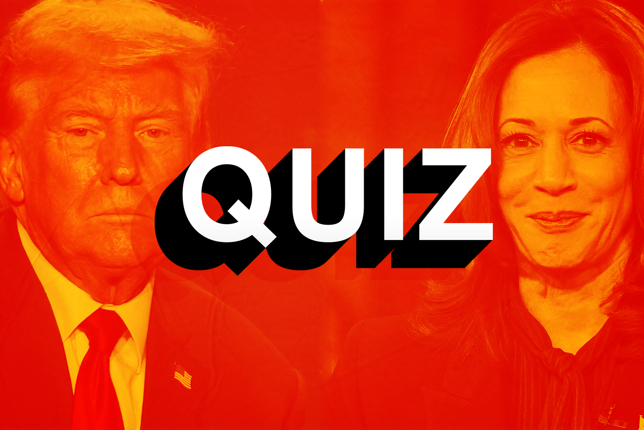 Na zdjęciu plansza quizu o wyborach w USA. W tle Donald Trump i Kamala Harris.