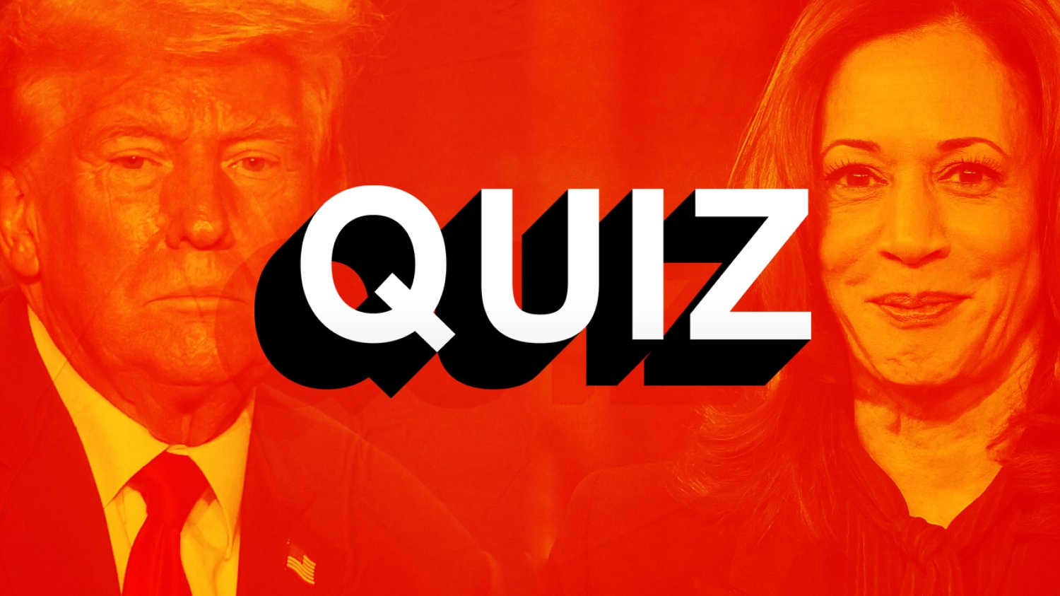 Co wiesz o wyborach prezydenckich w USA? Na zdjęciu plansza quizu o wyborach w USA. W tle Donald Trump i Kamala Harris.