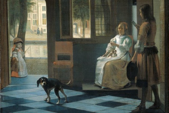 Fragment obrazu przedstawiającego posłańca wręczającego  list.