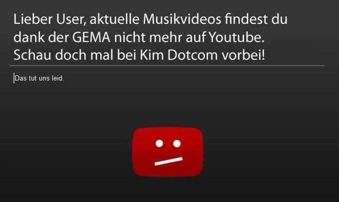 Drogi użytkowniku, dzięki GEMA nie znajdziesz już aktualnych klipów na youtube. Zajrzyj na Kim Dotcom. Przykro nam.