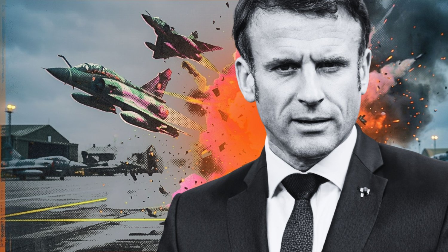 Francja gra va banque o Mirage'e dla Ukrainy. Stawką coś więcej niż samoloty Prezydent Francji Emmanuel Macron. W tle samoloty Mirage w akcji.