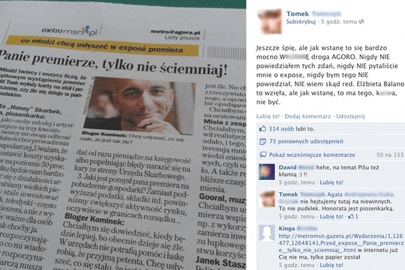 Wpis Kominka na Facebooku po publikacji "Metra"