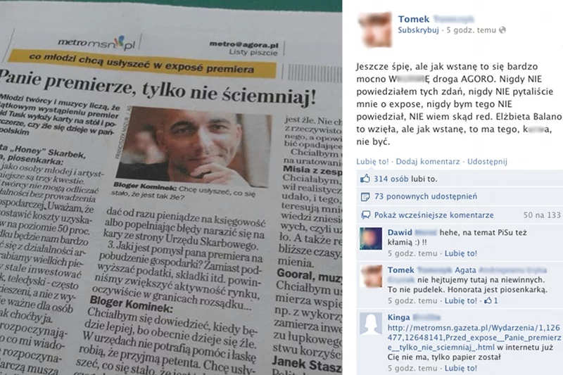 Wpis Kominka na Facebooku po publikacji "Metra"