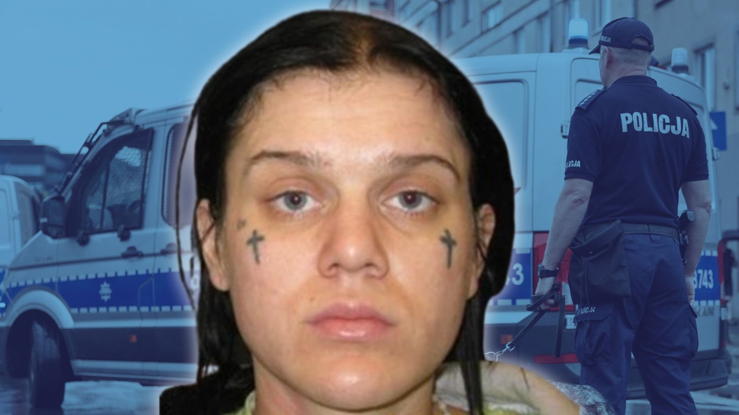 Poszukiwana Katarzyna Ziomek. Portret kobiety z charakterystycznymi tatuażami krzyży na policzkach.