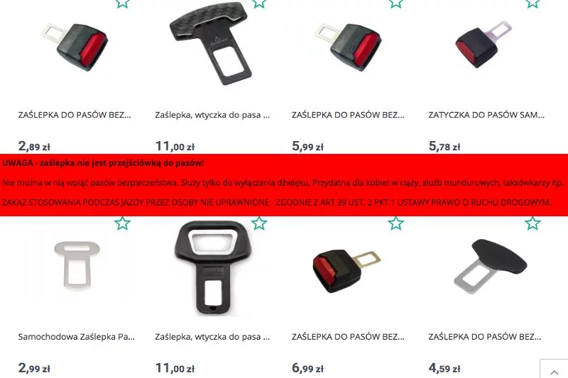 Wpisując "zaślepka do pasów bezpieczeństwa" wyświetliło nam się 259 aukcji...