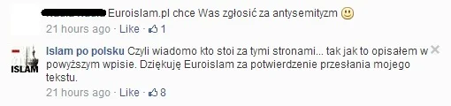 Konwersacja pod antysemickim wpisem na fanpage'u "Islam po polsku"
