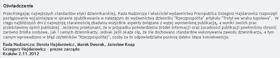 Oświadczenie Rady Nadzorczej Presspubliki