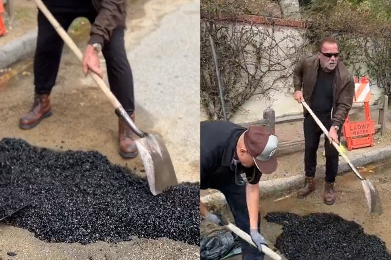 Arnold Schwarzenegger sam załatał dziurę w jezdni.