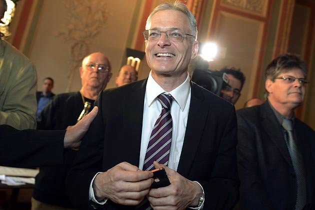 Pomysłodawca inicjatywy obywatelskiej "Abzocker Initiative" - Thomas Minder w chwili ogłoszenia wyników głosowania w dn. 3.3.2013