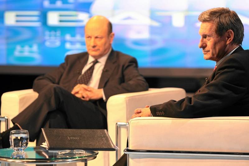 Prof. Leszek Balcerowicz i Jan Vincent-Rostowski podczas debaty na temat obniżenia składki do OFE