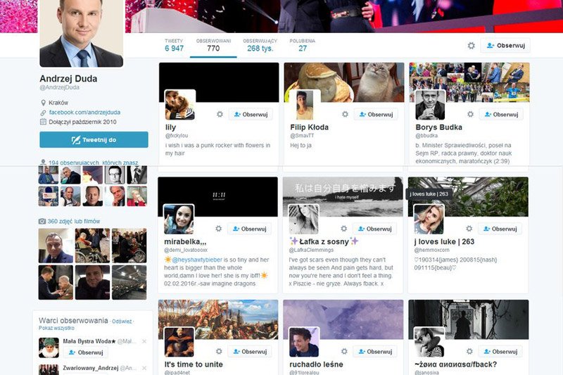Grono obserwowanych przez prezydenta Andrzeja Dudę na Twitterze nie dodaje powagi urzędowi, który on sprawuje.