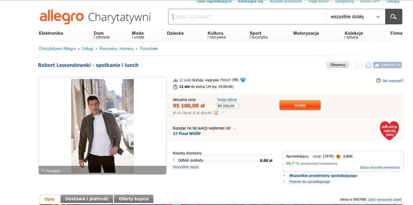 Spotkanie i lunch w towarzystwie Roberta Lewandowskiego - to jedna z aukcji WOŚP. Orkiestrę wspierają także inni sportowcy, politycy, aktorzy. Więcej na Akucje.wosp.org.pl.
