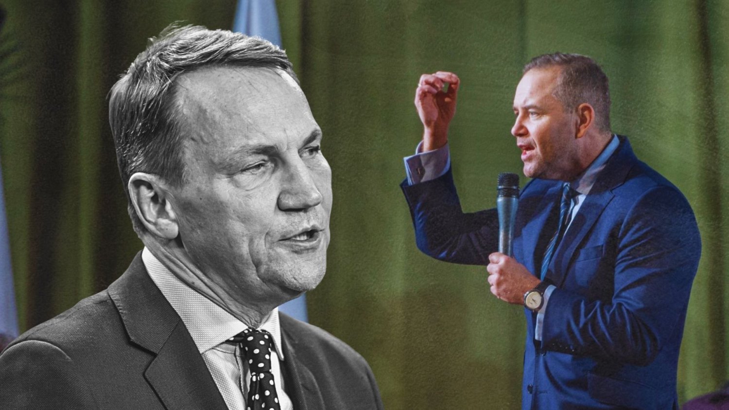 Szef MSZ Radosław Sikorski. W tle prezydent Karol Nawrocki