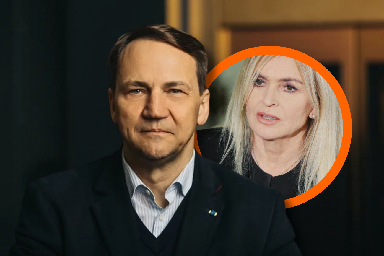 Na zdjęciu szef MSZ Radosław Sikorski. W okręgu w tle Monika Olejnik z TVN24.
