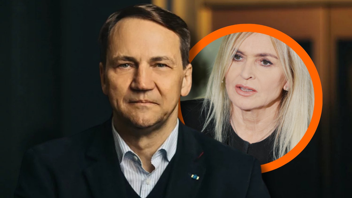 Na zdjęciu szef MSZ Radosław Sikorski. W okręgu w tle Monika Olejnik z TVN24.