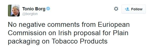 "Brak negatywnych komentarzy ze strony Komisji Europejskiej w sprawie irlandzkiej propozycji wprowadzenia jednolitych opakowań dla produktów tytoniowych"