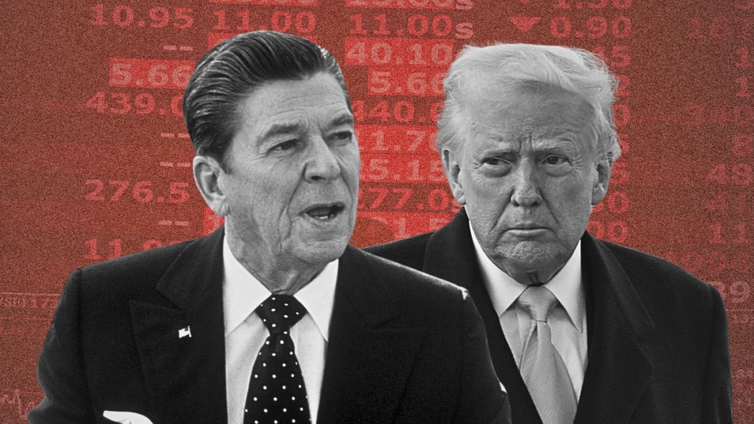 Ronald Reagan ma ostrzeżenie dla Donalda Trumpa. Ronald Reagan i Donald Trump. W tle pikujące w dół akcje na giełdzie.
