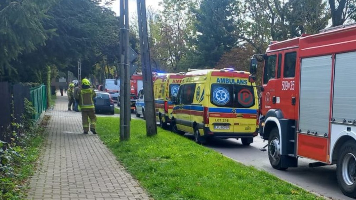 Ciała trzech osób i dwóch psów w domu w Puławach. Znana wstępna przyczyna Służby przed domem jednorodzinnym w Puławach, gdzie znaleziono ciała 3 osób i 2 psów